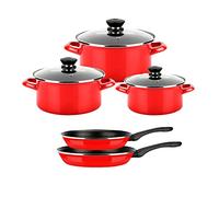 Fagor Optimax Batería Cocina Inducción 8 Piezas Set 3 Cazuelas 18-20-24 cm, 3 Tapas Cristal, 2 Sartenes 20-24 cm Acero Esmaltado, Antiadherente sin PFOA, Vitrocerámica, Gas, Horno, Rojo