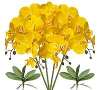FagusHome 32 Pulgadas de Flores Artificiales de Phalaenopsis 4 Piezas con 2 Paquetes de Hojas de Flores de orquídeas Artificiales Plantas de Tallo para la decoración del hogar (Amarillo)