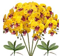 FagusHome 32 Pulgadas de Flores Artificiales de Phalaenopsis 4 Piezas con 2 Paquetes de Hojas de Flores de orquídeas Artificiales Plantas de Tallo para la decoración del hogar (Amarillo Piebald)