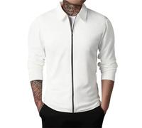 Fahrradjacke Herren Winddicht Atmungsaktiv Herren Casual gestreiften Stoff T-Shirt Reißverschluss Turn Down Langarm Tops T-Shirt Der Herren (White, S)