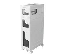 Failjierue Gabinete de baño vertical delgado, almacenamiento móvil estrecho con cajones y ruedas, carrito organizador de papel higiénico de gran capacidad para espacios pequeños (3 niveles)
