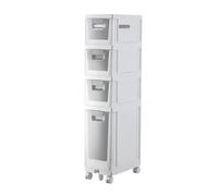 Failjierue Gabinete delgado de baño con cajones y ruedas, torre de almacenamiento de papel higiénico para baño, dormitorio, organizador de cajones de almacenamiento apilable independiente (4 niveles)