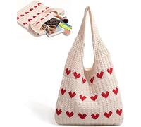 FAINCA Bolsos Mujer, 30x36cm Bolsos Tejidos Crochet, Patrón en Forma de Corazón Bolso Playa Mujer, para Adolescentes y Niñas, Ideal para Ir de Compras, Vacaciones y Viajes (Beige)