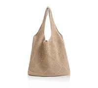 FAINCA Bolsos Mujer, 32x32cm Bolsos Tejidos Crochet, Patrón en Forma de Corazón Bolso Playa Mujer, para Adolescentes y Niñas, Ideal para Ir de Compras, Vacaciones y Viajes (Caqui)