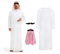 FainFun Disfraz de Jeque de Aladin para Hombre con Pañuelo y Barba, Ropa árabe para Hombre, Casa de Dinero, Túnica Blanca, para Navidad, Halloween, Pascua, Fiesta, Cosplay