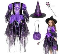 FainFun Disfraz de mago de Halloween, disfraz de bruja para niña con luces, incluye sombrero de bruja, varita mágica, falda luminosa, bolsa de dulces, adecuado para mascarada, Halloween, escenario de