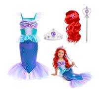 FainFun Disfraz Vestido Sirenita Niña, Cola de Sirena Niña con Varita Mágica, Corona y Peluca, Vestido de Sirena para Carnaval, Halloween, Fiestas de Disfraces y Otras Celebraciones (A, 110)