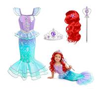 FainFun Disfraz Vestido Sirenita Niña, Cola de Sirena Niña con Varita Mágica, Corona y Peluca, Vestido de Sirena para Carnaval, Halloween, Fiestas de Disfraces y Otras Celebraciones (B, 130)