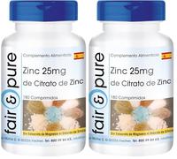 Fair & Pure® - Zinc 25mg de citrato de zinc - 180 comprimidos veganos - altamente dosificado (Paquete de 2)