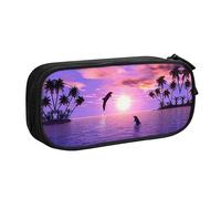 FAIRAH Bolsa para bolígrafos con cremallera de doble capa con estampado de delfines de puesta de sol, bolsa de almacenamiento de papelería, Black, Talla única, Mochila escolar