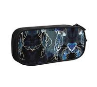 FAIRAH Bolsa para bolígrafos con cremallera de doble capa con estampado de medusas azules y doradas, bolsa de almacenamiento de papelería, Black, Talla única, Mochila escolar