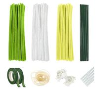 Fairblo 300 Piezas Limpiapipas Manualidades Blanco Amarillo y Verde Limpia Pipas Kit con Cinta Floral Alambre de Tallo Floral Pistilo Papel de Regalo y Cinta de Organza Limpia Pipas para Manualidades