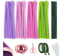 Fairblo 400 Piezas Limpiapipas Manualidades Rosa Verde Morado y Morado Claro Limpia Pipas Kit con Cinta Floral Alambre de Tallo Floral Papel de Regalo y Cinta Limpia Pipas para Flores