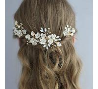 Fairvir - Peine para novia, diseño de flores plateadas con cristales brillantes y hojas laterales de perlas para mujeres y niñas