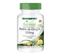fairvital Aceite de onagra 500mg, 90 cápsulas blandas, fáciles de tragar, alta dosis con 1000mg por dosis diaria, 10% de ácido gamma-linolénico (GLA) + 20mg de vitamina E natural