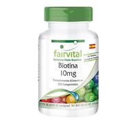 fairvital Biotina 10mg, 200 comprimidos, fáciles de tragar, con 10 000 mcg de vitamina B7 por comprimido, ALTA DOSIS, para piel y cabello, VEGANO