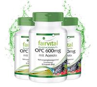 fairvital Cápsulas de OPC 600mg con acerola, 270 cápsulas (90 x 3), ALTA DOSIS, VEGANAS, extracto de semilla de uva