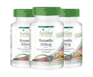 fairvital Comprimidos de incienso, extracto de Boswellia serrata, dosis diaria de 800mg, 360 comprimidos (3 x 120), incienso indio de alta dosis con un mínimo del 65% de ácidos boswélicos, vegano