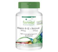 fairvital Comprimidos de vitamina B-12 con ácido fólico, 90 comprimidos, fáciles de tragar, ALTA DOSIS, con 500µg de vitamina B12 y 100µg de ácido fólico por comprimido, VEGANOS