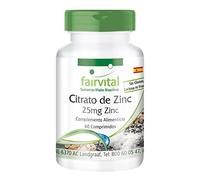 fairvital Comprimidos de zinc, 25mg de zinc (contenido elemental) por comprimido, 60 comprimidos, fáciles de tragar, a base de citrato de zinc, ALTA DOSIS, VEGANOS