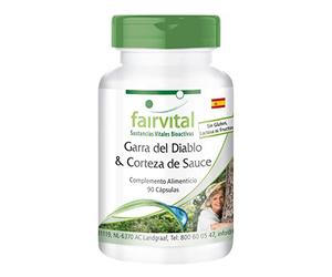 fairvital Garra del diablo y corteza de sauce, ALTA DOSIS, estandarizadas al 1,2% de harpagosidas y al 15% de salicina, veganas, extracto de Harpagophytum procumbens y Salix Alba, 90 cápsulas