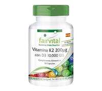 Fairvital | Vitamina K2 + D3 - Dosis alta - Vitamina D3 10.000 U.I. + Vitamina K2 200µg - 90 Cápsulas - Calidad Alemana