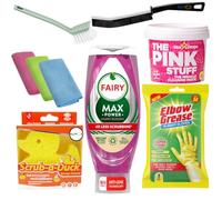 Fairy Max Power - Líquido de lavado de flores de cerezo de 640 ml, paquete con cepillo para platos, esponja de pato, guantes de goma para grasa de codo y cepillo de limpieza para grietas, pasta rosa