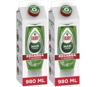 Fairy Maxi Poder Recambio Cartón Lavavajillas Líquido 980 ML, Recambio Fácil, Limpieza Sin Esfuerzo, Incluso En Las Ollas Y Sartenes Más Grasientas (Paquete de 2)