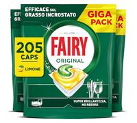 Fairy Original - Detergente en pastillas abrillantadoras para lavavajillas, 205 cápsulas para lavavajillas, original limón, acción limpiadora al primer lavado, eficaz sobre la grasa incrustada con