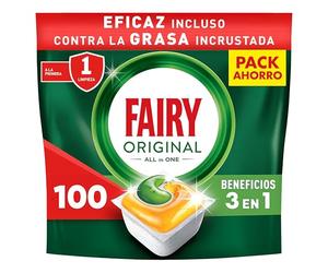 Fairy Original Todo En Uno Pastillas Lavavajillas, 100 Capsulas, Elimina Grasa Reseca, Detergente Lavavajillas con Aroma a Limpio y Fresco, El embalaje puede variar
