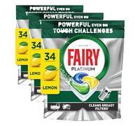 Fairy Platinum Cápsulas De Lavavajillas, Limón, 34 Cápsulas, Potente Incluso Con Los Restos De Comida Más Difíciles, Platos Limpios, Lavavajillas Brillante, Filtro Limpio Sinasa (Paquete de 3)