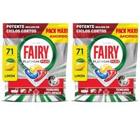 Fairy Platinum Plus Limón Cápsulas De Lavavajillas Todo En Uno, 71 Cápsulas, Nuestra Mejor Limpieza Que Deja Los Platos Como Nuevos, Elimina La Falta De Brillo Y Evita La Cal (Paquete de 2)