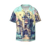 Fairytale Castle - Camisa de manga corta con botones para hombre, cuello cubano, casual, playa, vacaciones, Negro, Large-5X-Large