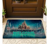 Fairytale - Tapete de castillo de cuento de hadas, tapete azul de invierno para interiores y exteriores, decoración de vacaciones, antideslizante, absorbe el polvo, fácil cuidado, 29 x 17 pulgadas