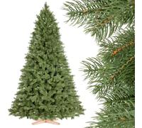 FairyTrees árbol de Navidad Artificial 220cm Picea Real Premium con el Soporte de Madera| Árbol Artificial con Elementos realistas Moldeados por inyección| Fabricado en EU