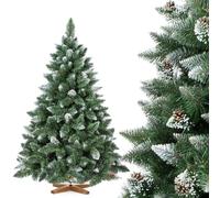 FAIRYTREES Pino Verde Natural Cubierto de Nieve, Árbol de Navidad Artificial, PVC, con piñas Naturales, Soporte de Madera, 150cm