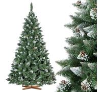 FairyTrees Pino Verde Natural Cubierto de Nieve, Árbol de Navidad Artificial, PVC, con piñas Naturales, Soporte de Madera, 220cm