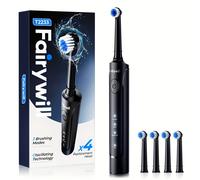 Fairywill Cepillo de dientes eléctrico giratorio para adultos | Cepillo de dientes giratorio recargable con base de carga USB, 4 cabezales de cepillo, negro | Regalo ideal para y familiares