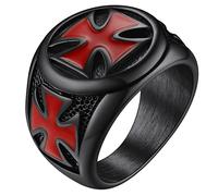 FaithHeart Anillo Católico de Arma Sello Redondo Acero Inoxidable 316L Talla 9 Anillo Negro Cruz Roja de Hombres Joyerías Simples Religiosas de Amuleto Caballeros Templarios Medievales