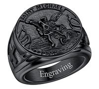 FaithHeart Anillo Católico Personalizado para Cristianos Sello Redondo San Miguel Arcángel Protector Soldados Anillo Negro Hombre Medida 9 Material Resistente Acero Inoxidable 316L