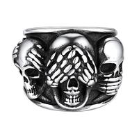 FaithHeart Anillo Hombre Acero Inoxidable 316L Anillo Calavera 3 Monos Sabios No Ver No Escuchar No Hablar el Mal Anillo Gótico Banda Ancha