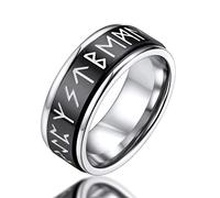 FaithHeart Anillo Hombre Runas Vikingas Nórdicas Acero Inoxidable 316L Rotativo Anti-Estrés Giratorio Negro Ancho Cerrado Talla 11
