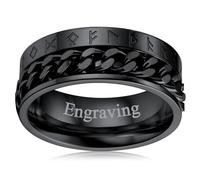 FaithHeart Anillo Personalizado Nórdico Hombre Letras Runas Anillo Negro Giratorio Ancho Banda Cadena Cubana Acero Inoxidable 316L Talla 12 Joyería Amuleto de Protección