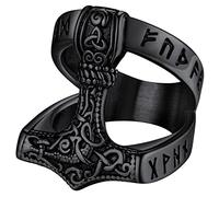 FaithHeart - Anillo vikingo noruego para hombre, acero inoxidable, martillo de Thor y cabeza de lobo, joya gótica valknut con grabado personalizado, Acero inoxidable, Sin gemas.