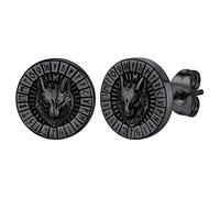 FaithHeart Aretes Vikingos Lobo Hombres Pendientes Negros Runas Acero Inoxidable 316L Pendientes Pequeños Nórdicos de Animal Odín de Defensa