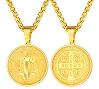 FaithHeart Collar Dorado Medalla San Benito Oro 18K Colgante Pequeño Hombre Acero Inoxidable 316L Joyeria Catolica para Rezo