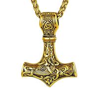 FaithHeart - Collar nórdico de Vikingos para hombre, colgante de martillo de Thor Majonir, rúnico/celta, Dios Odin de acero inoxidable/oro/negro con cadena de 55+5 cm, joyería de la suerte para