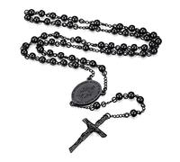 FaithHeart Collar Rosario Negro Acero Inoxidable 316L Hombre Mujer Medalla Ovalada Santa María Crucifijo Jesucristo Joyería Religiosa Espiritual de Rezo Oración Regalo Reyes