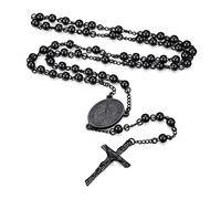 FaithHeart Collar Rosario San Miguel Arcangel Hombre Mujer Cadena Negra Rosario Acero Inoxidable 316L Cruz Jesucristo Regalo Cumpleaños Aniversario