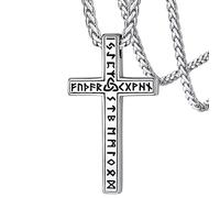 FaithHeart Collar Vikingo Cruz Runas Acero Inoxidable 316L Hombre Colgante Crucifijo Letras Rúnicas Cadena Plateada Trenzada Joyería Nórdica Protección